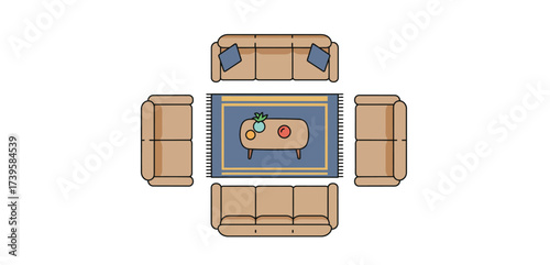 living room layout with four sofas around coffee table on rug interior design for furniture arrangement emphasizing comfort and social space