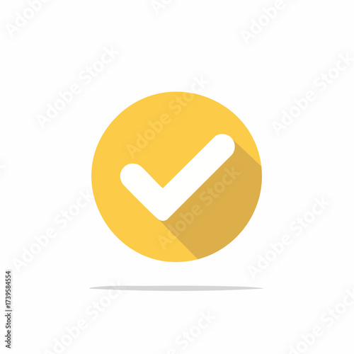 Yellow circle with white checkmark symbol and long shadow, approval icon, flat design