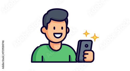 Man using smartphone enjoying social media and online content glowing with joy perfect for illustrating digital lifestyle and communication
