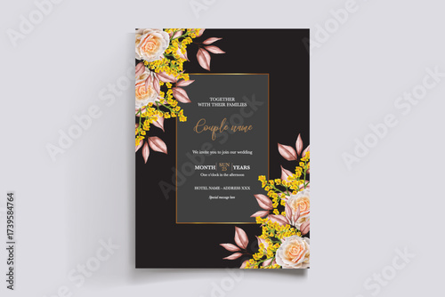 WEDDING INVITATION FRAME WITH FLOWER DECORATIONS AND FRESH LEAVES
