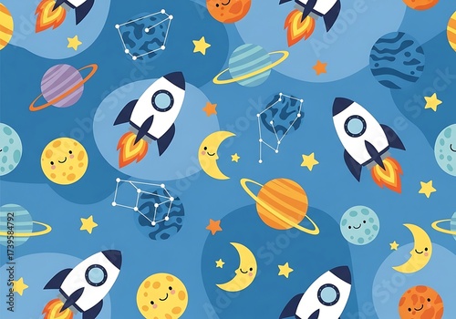Cheerful Seamless Space Pattern with Cartoon Rockets Planets Moons and Stars on Light Blue
