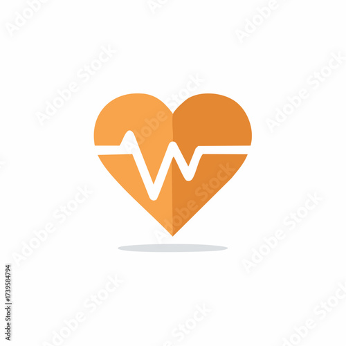 Orange heart shape with electrocardiogram line graphic symbol for health and wellness