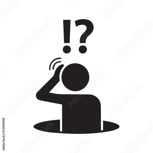 Confused Person Emerging from a Hole Icon, Stick Figure with Question Marks Symbolizing a Trap, Problem, or Discovery.
