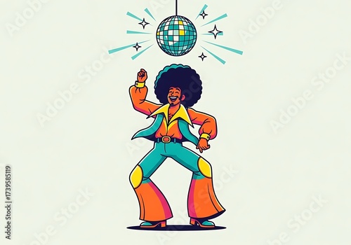 Cartoon Disco Dancer with Afro and Retro Outfit under Glittering Disco Ball