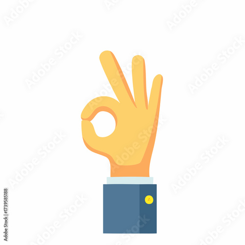 Cartoon business hand making the OK gesture. Flat vector icon symbolizing approval, success, and perfection.