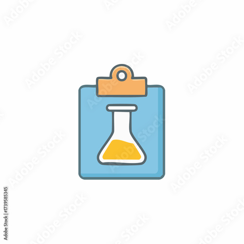 Laboratory flask on clipboard illustration representing scientific research medical test results data