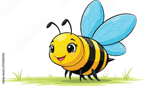 Cartoon bee vector illustration, cute smiling insect, happy honeybee with wings, children’s nature design, cheerful bug art, educational animal character drawing