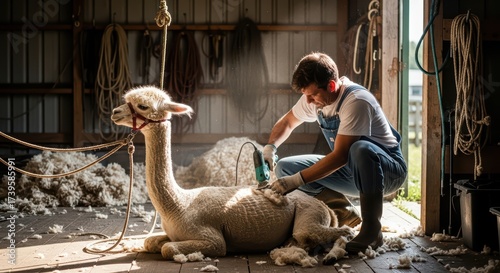 Man shearing an alpaca on a farm. Farmer performs wool removal. Agricultural practice for textile production.