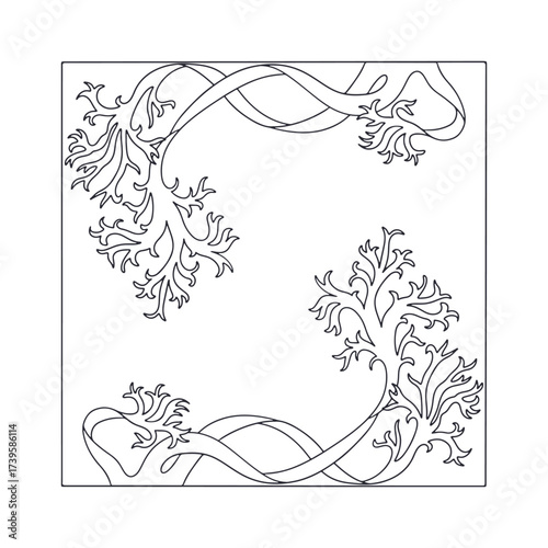 Elegant Art nouveau style seaweed frame hand drawn monochrome vector illustration