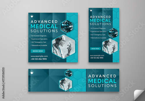 Advanced Medical Solutions Social Media Post Template and Web Banner for AI Powered Diagnosis, Experienced Specialists, 24/7 Emergency Care and Telemedicine Availability. Editable Design.