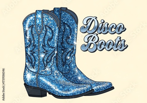 Sparkling Blue Glitter Disco Boots with 'Disco Boots' Typography, Merging Western Aesthetic with 70s Party Vibe