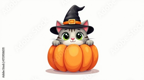 Cute cartoon cat with big green eyes wearing witch hat, peeking out of bright orange pumpkin. Halloween concept