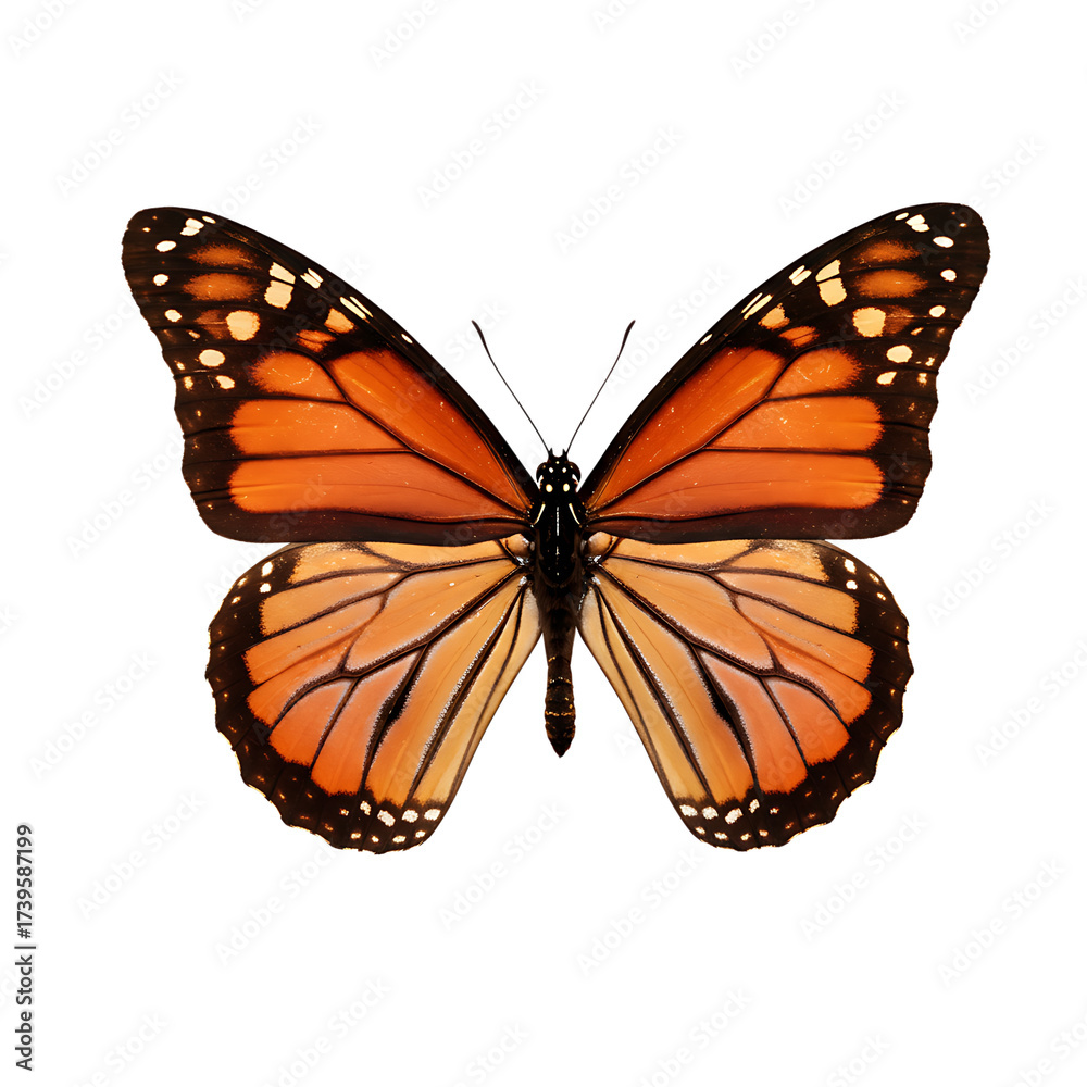 Fototapeta premium Orange monarch butterfly with open wings on white background 