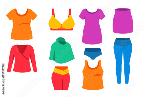 Maternity Wear Icons. Flat vector icons of maternity and nursing wear: maternity top, nursing bra, belly band, tunic dress, wrap