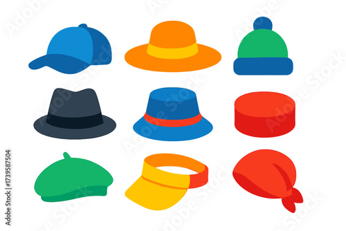 Colorful Headwear Icons. Flat vector icons of headwear: baseball cap, wide-brim hat, beanie, fedora, bucket hat, pillbox, beret,