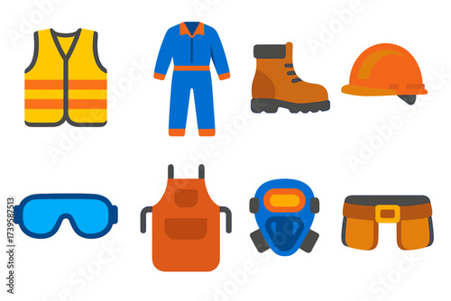 Safety Gear Icons. Flat vector icons of protective and workwear: high-vis vest, coveralls, steel-toe boots, hard hat, safety