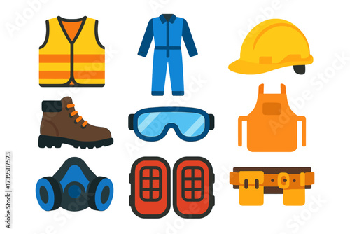 Safety Gear Icons. Flat vector icons of protective and workwear: high-vis vest, coveralls, steel-toe boots, hard hat, safety