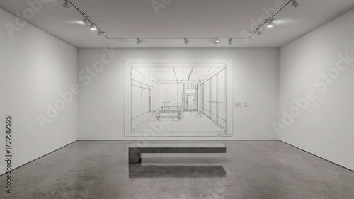 A minimalist gallery space displaying a blueprint-style artwork