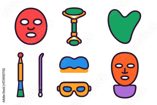 Facial Treatment Icons. Flat vector icons of facial treatments: sheet mask, jade roller, gua sha stone, blackhead remover, pore