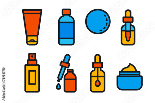 Vibrant Skincare Icons. Flat vector icons of skincare products: cleanser tube, micellar water bottle, makeup remover pad; toner