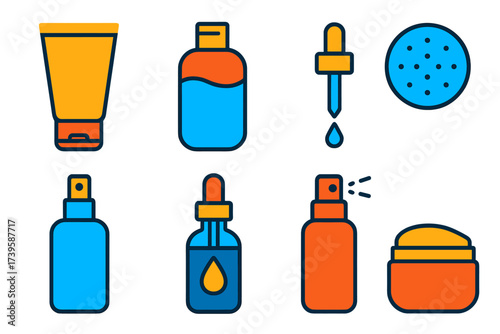 Vibrant Skincare Icons. Flat vector icons of skincare products: cleanser tube, micellar water bottle, makeup remover pad; toner