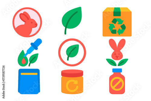 Vegan Icon Set. Flat vector icons of vegan & cruelty-free: cruelty-free bunny badge, vegan leaf icon, recycled packaging box;