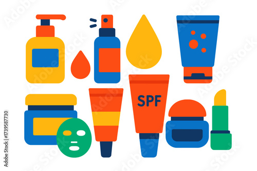 Colorful Skincare Icons. Flat vector icons of skincare routine: cleanse pump, tone spray, serum drop, moisturize jar, SPF tube,