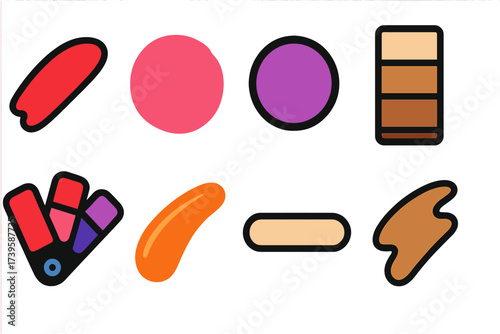Vibrant Makeup Swatches. Flat vector icons of color wheels & swatches: lipstick swatch, blush swatch, eyeshadow pan; foundation
