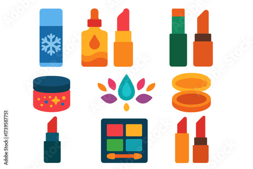 Seasonal Cosmetics Icons. Flat vector icons of seasonal cosmetics: winter balm, summer glow oil, spring tint, autumn matte