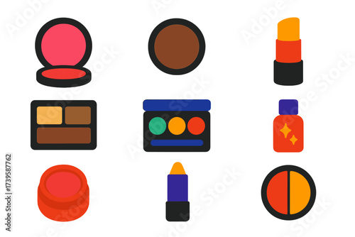 Bold Cosmetic Icons. Flat vector icons of color cosmetics: blush compact, bronzer pan, highlighter stick; contour palette, color