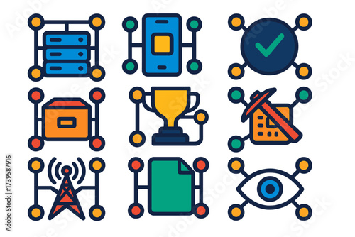 Blockchain Node Icons. Flat vector icons of blockchain nodes: full node, light node, validator node, masternode, archive node,