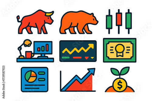 Stock Market Icons. Flat vector icons of stock market investing: bull, bear, candlestick chart; trading desk, ticker tape, stock