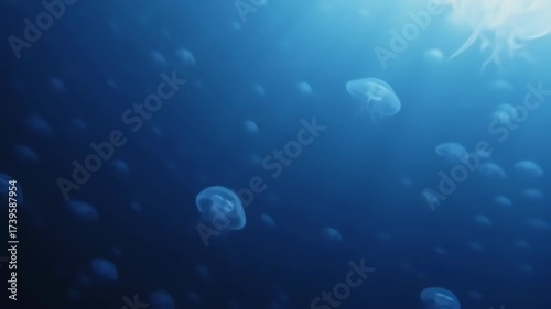 Numerous translucent jellyfish drift in deep blue sea