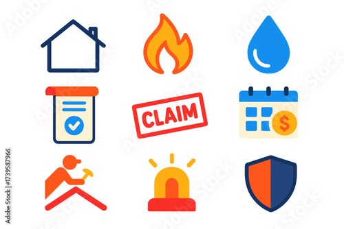 Flat Home Insurance Icons. Flat vector icons of home insurance: house outline, fire flame, water leak; policy scroll, claim stamp,