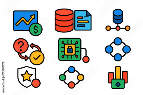 Blockchain Oracle Icons. Flat vector icons of blockchain oracles: price feed, data provider, oracle node, request response, API