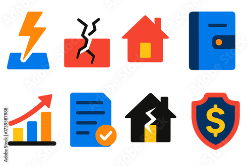 Earthquake Insurance Icons. Flat vector icons of earthquake insurance: seismic bolt, cracked ground, house silhouette; policy