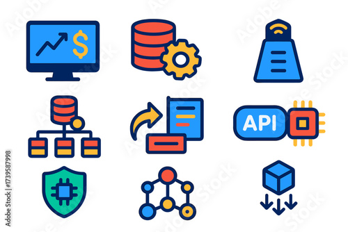 Blockchain Oracle Icons. Flat vector icons of blockchain oracles: price feed, data provider, oracle node, request response, API