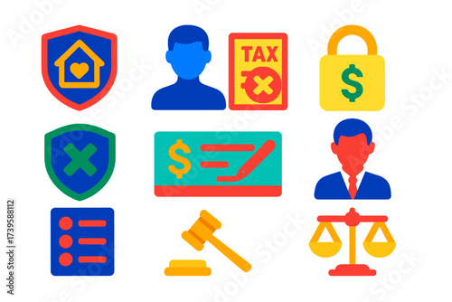 Inheritance Tax Icons. Flat vector icons of inheritance tax: family crest, heir silhouette, tax notice; estate lock, exemption