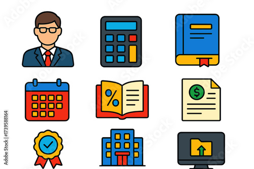 Tax Preparer Icons. Flat vector icons of tax preparers: accountant avatar, calculator, ledger; appointment calendar, tax guide,