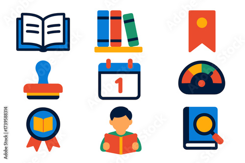 Book Rental Icons. Flat vector icons of book rentals: open book, library shelf, bookmark tag; checkout stamp, due date calendar,