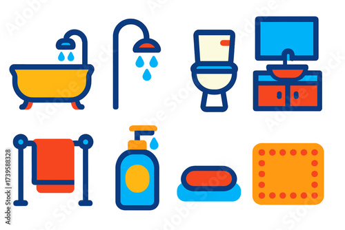Modern Bathroom Icons. Flat vector icons of bathroom interiors: bathtub, showerhead, toilet; vanity, mirror, sink; towel rack,