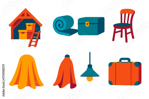 Minimalist Attic Icons. Flat vector icons of attic interiors: exposed beam, storage boxes, ladder; insulation roll, trunk chest,