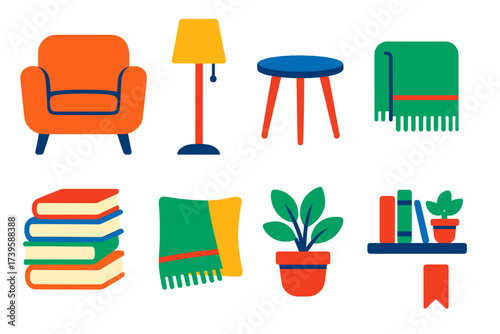 Reading Nook Icons. Flat vector icons of reading nook interiors: armchair, floor lamp, small side table; book pile, throw blanket,