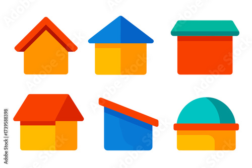 Minimalist Roof Icons. Flat vector icons of roof types: gable roof, hip roof, flat roof; mansard roof, shed roof, dome roof No