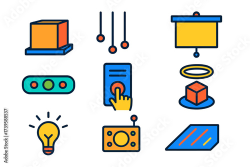 Installation Art Icons. Flat vector icons of installation art components: pedestal platform, hanging wires, projection screen,