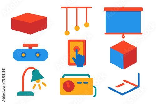 Installation Art Icons. Flat vector icons of installation art components: pedestal platform, hanging wires, projection screen,