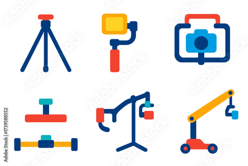 Camera Gear Icons. Flat vector icons of supports and stabilizers: tripod, monopod, gimbal stabilizer, camera cage, shoulder rig,