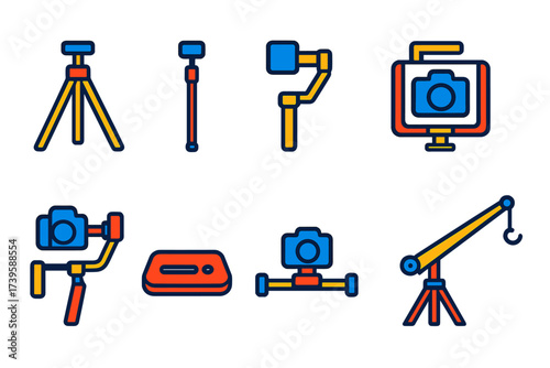 Camera Gear Icons. Flat vector icons of supports and stabilizers: tripod, monopod, gimbal stabilizer, camera cage, shoulder rig,