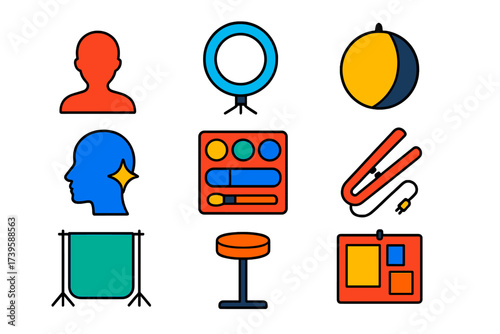 Flat Photography Icons. Flat vector icons of portrait photography: subject silhouette, ring light, reflector disc, beauty retouch