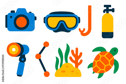 Underwater Photography Icons. Flat vector icons of underwater photography: underwater housing, diving mask, snorkel, scuba tank,